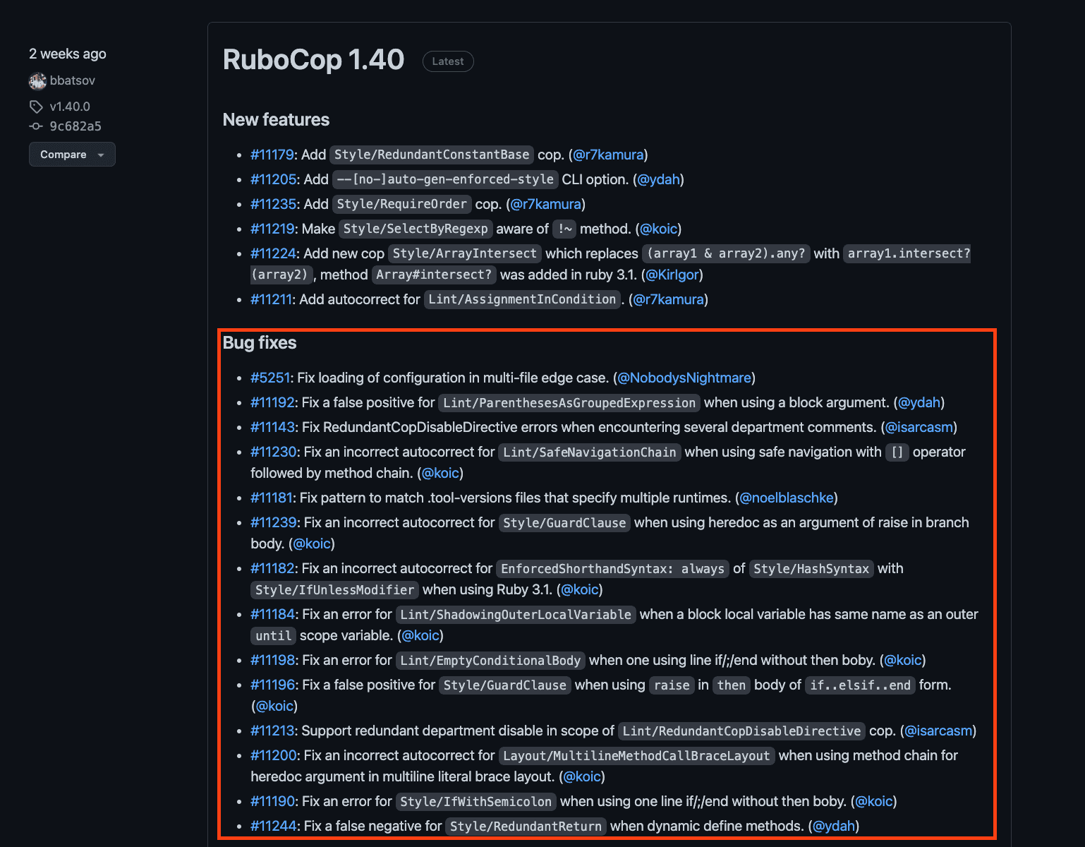 沢山のBug fixesがされている様子